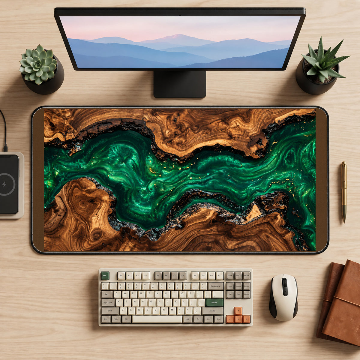 Emerald River and Walnut Tones desk mat — product mockup 2