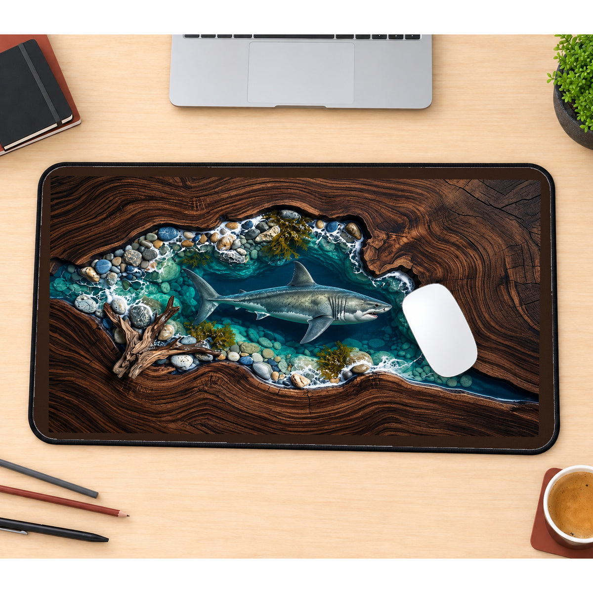 Great White Shark in a Blue Inlet desk mat — product mockup 1
