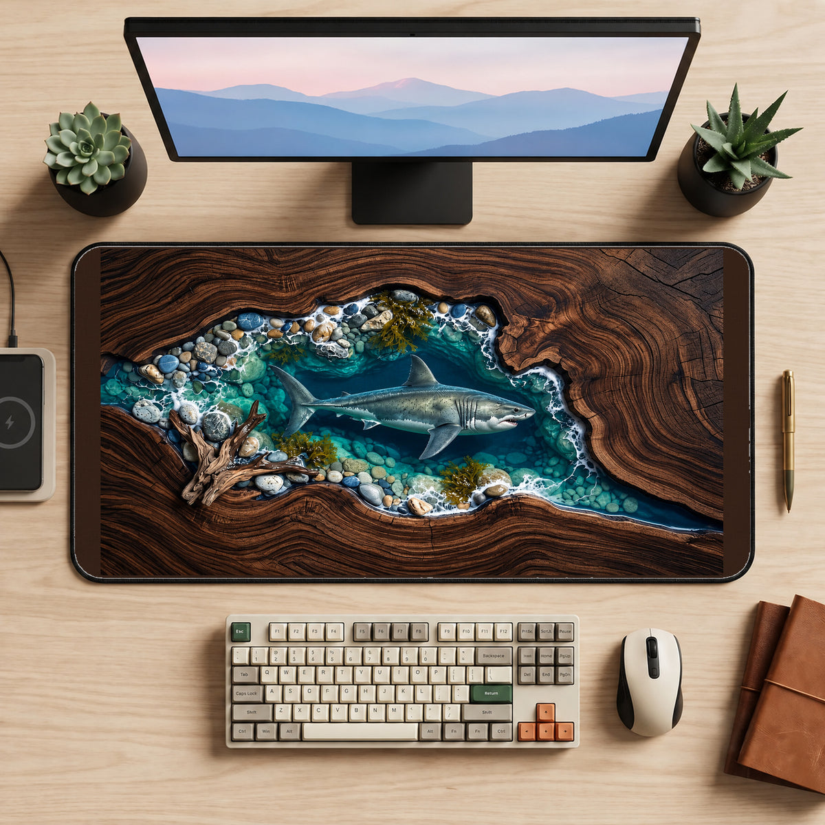 Great White Shark in a Blue Inlet desk mat — product mockup 2