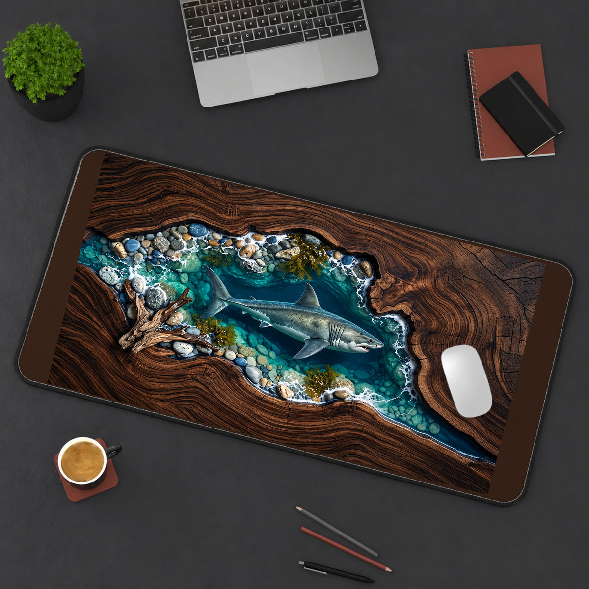 Great White Shark in a Blue Inlet desk mat — product mockup 3