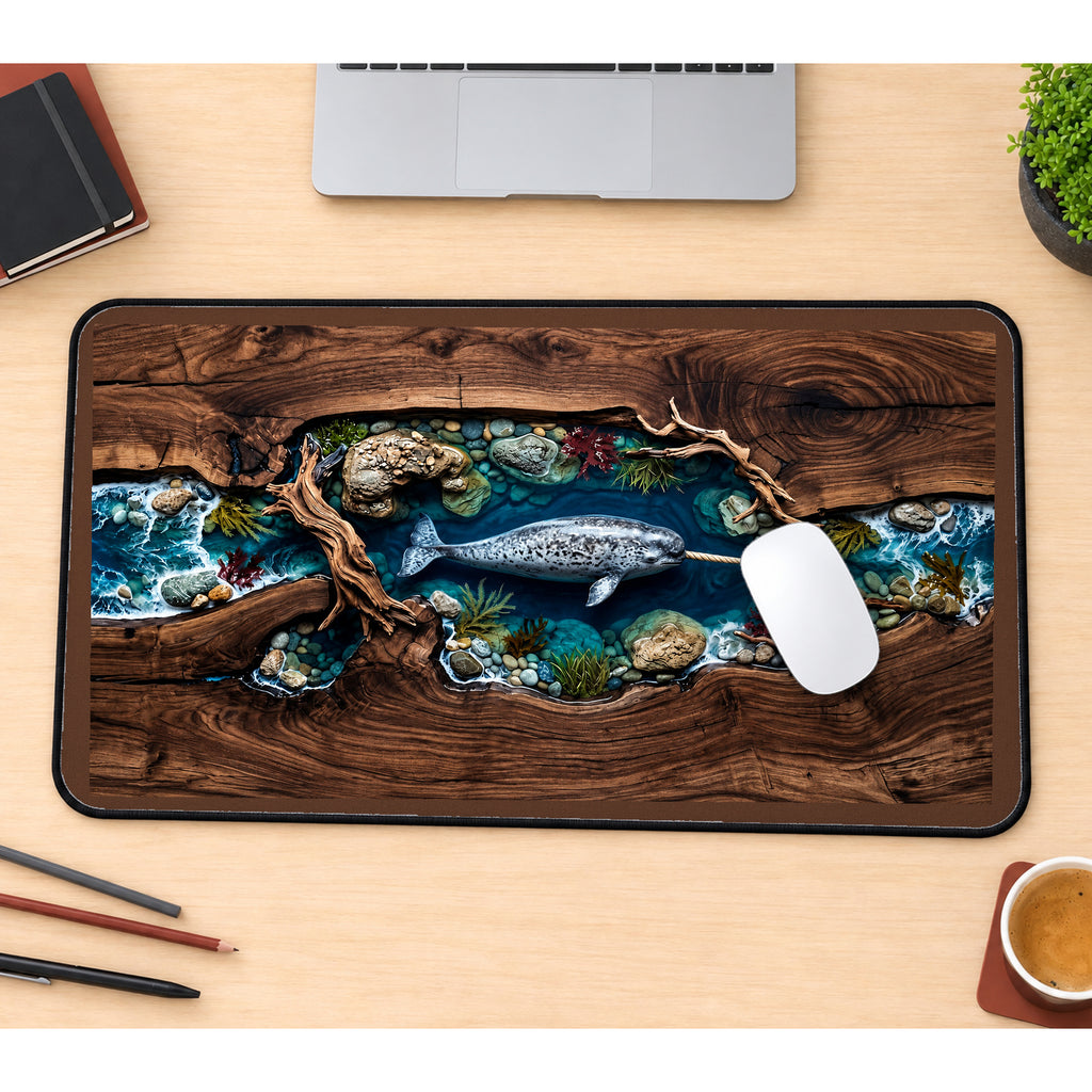 Narwhal in a Pebbled Channel desk mat — product mockup 1