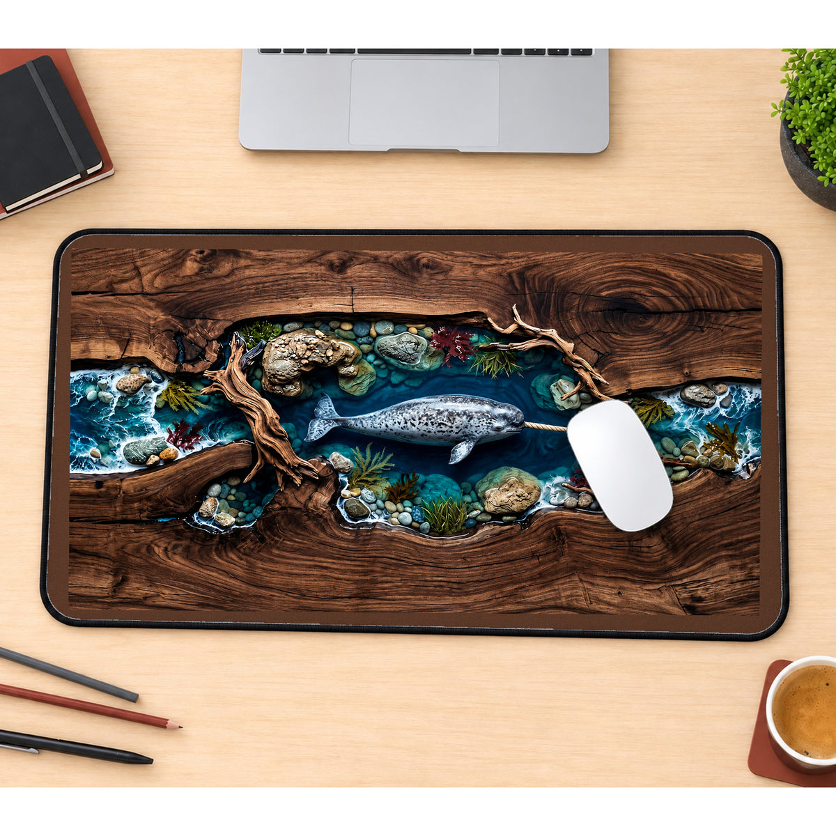 Narwhal in a Pebbled Channel desk mat — product mockup 1