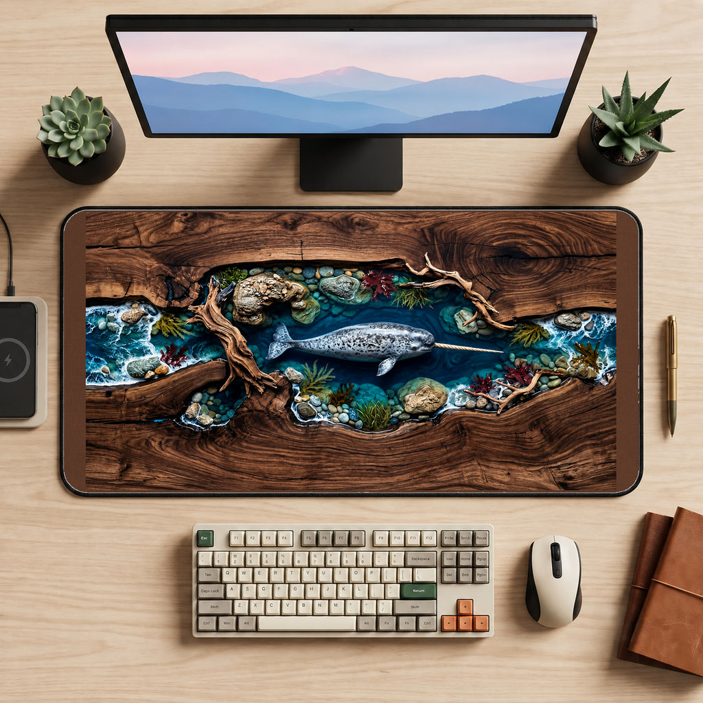 Narwhal in a Pebbled Channel desk mat — product mockup 2