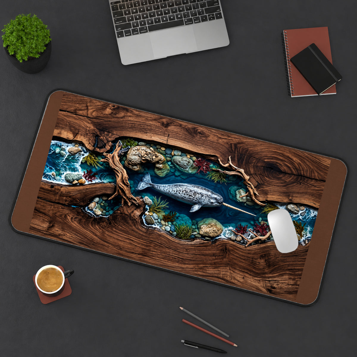 Narwhal in a Pebbled Channel desk mat — product mockup 3
