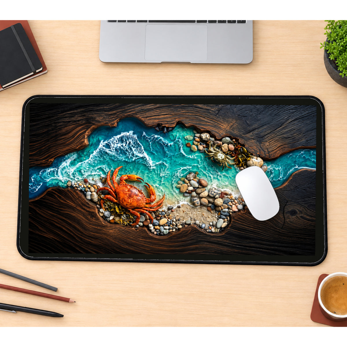 Orange Crab beside Turquoise Surf desk mat — product mockup 1