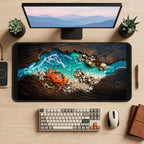 Orange Crab beside Turquoise Surf desk mat — product mockup 2