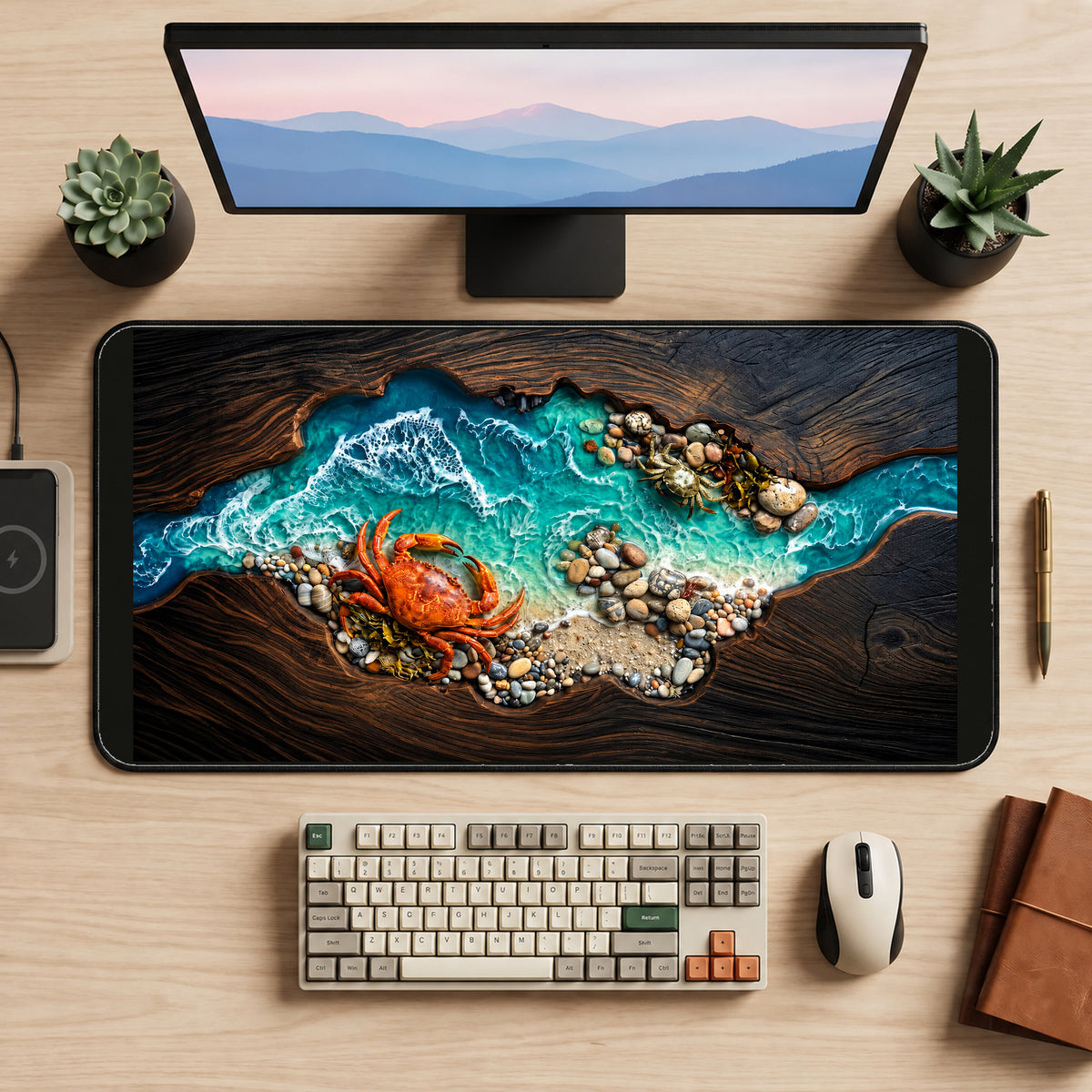 Orange Crab beside Turquoise Surf desk mat — product mockup 2
