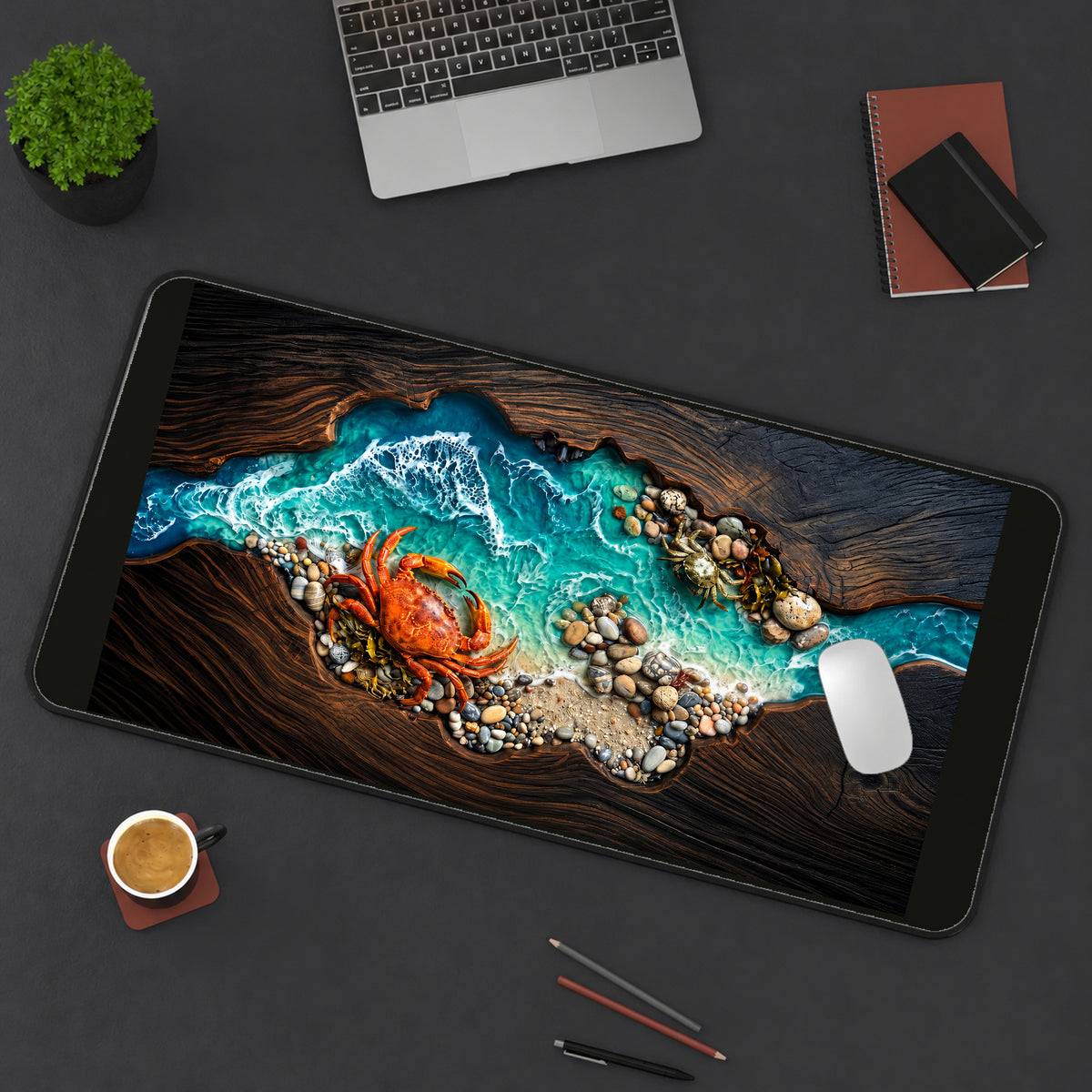 Orange Crab beside Turquoise Surf desk mat — product mockup 3