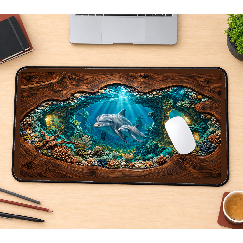 Dolphin Pair in a Coral Lagoon desk mat — product mockup 1