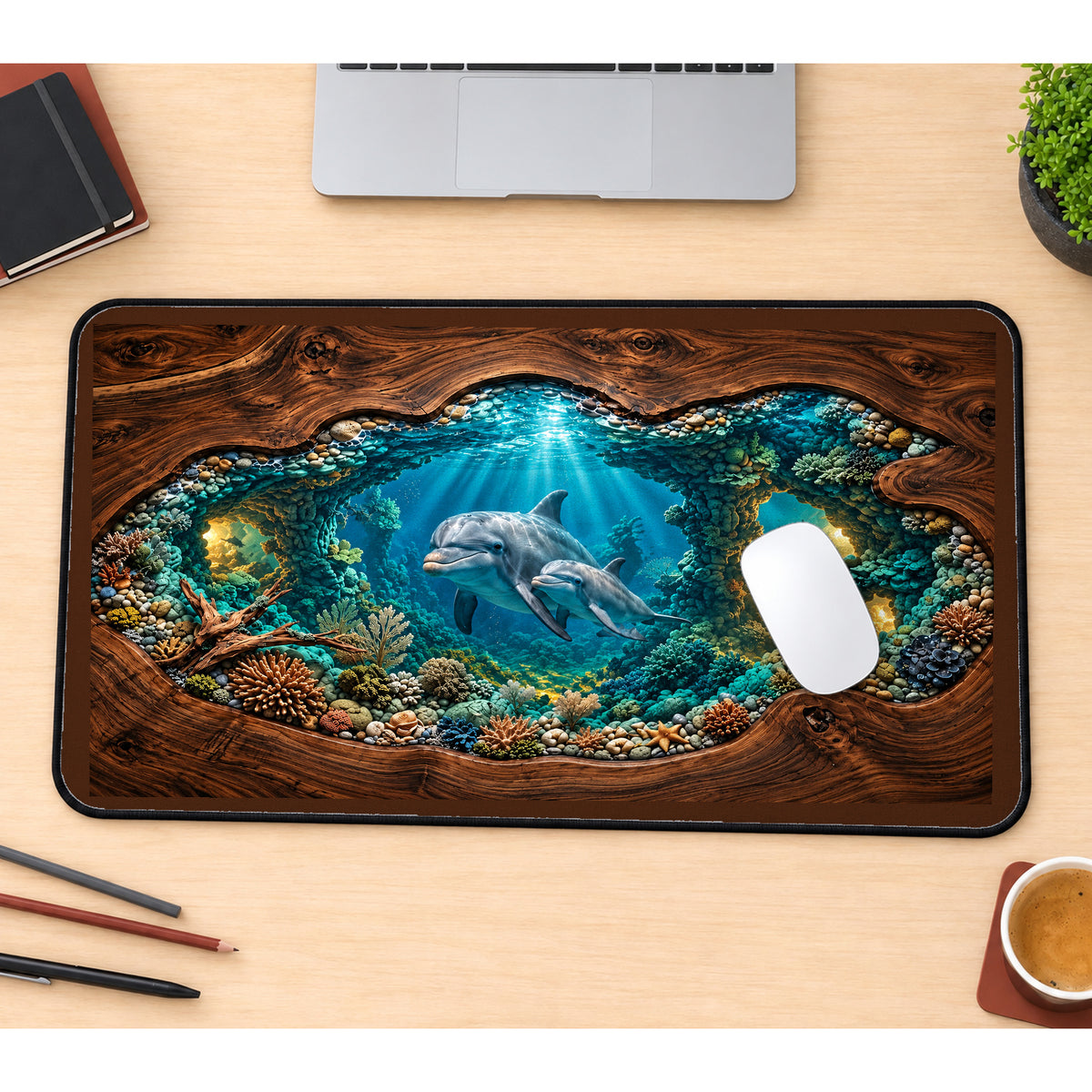 Dolphin Pair in a Coral Lagoon desk mat — product mockup 1