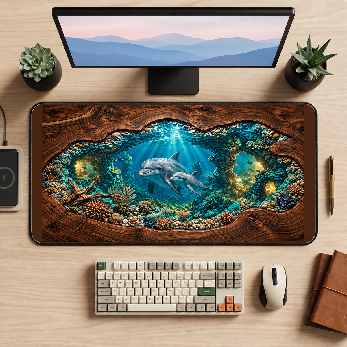 Dolphin Pair in a Coral Lagoon desk mat — product mockup 2