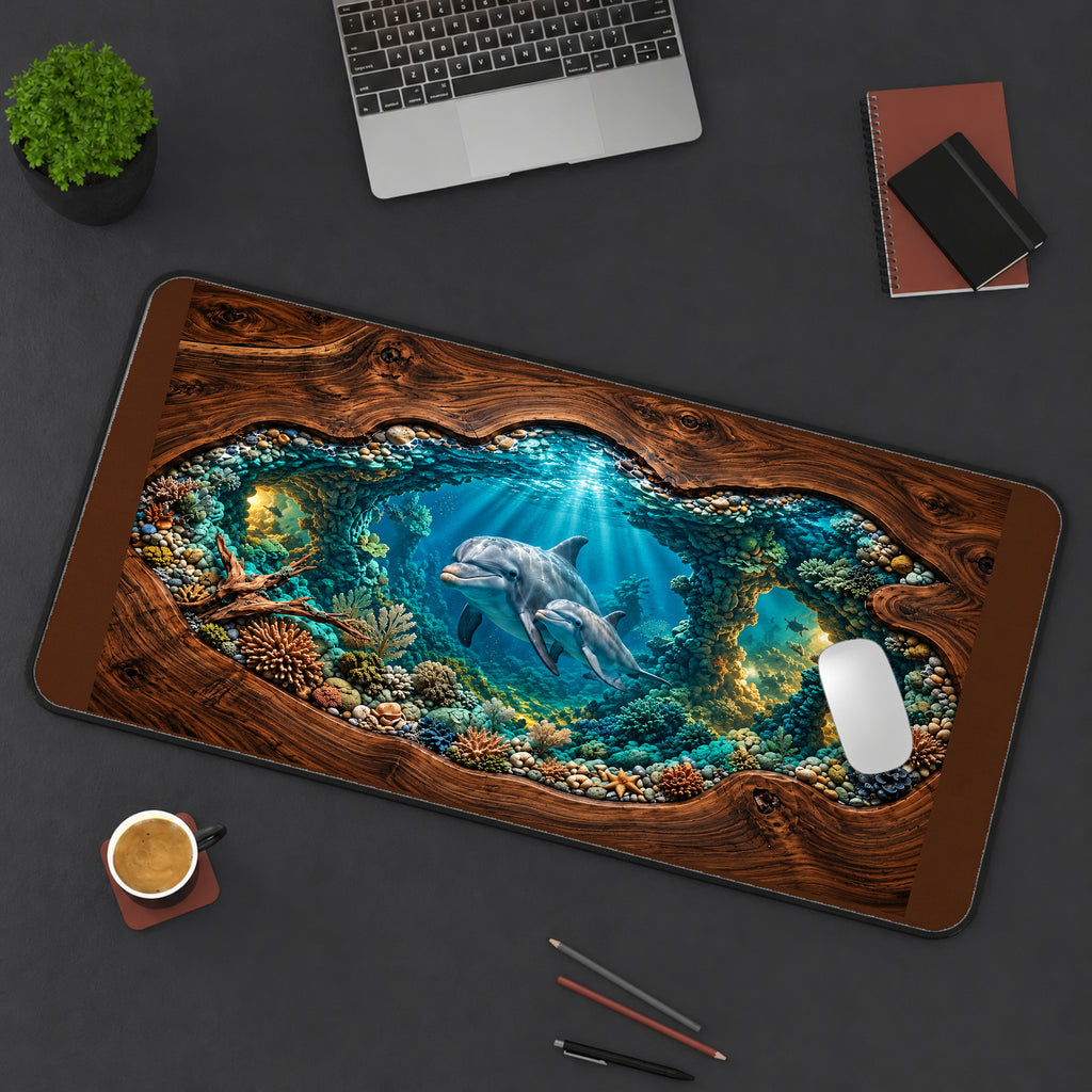 Dolphin Pair in a Coral Lagoon desk mat — product mockup 3
