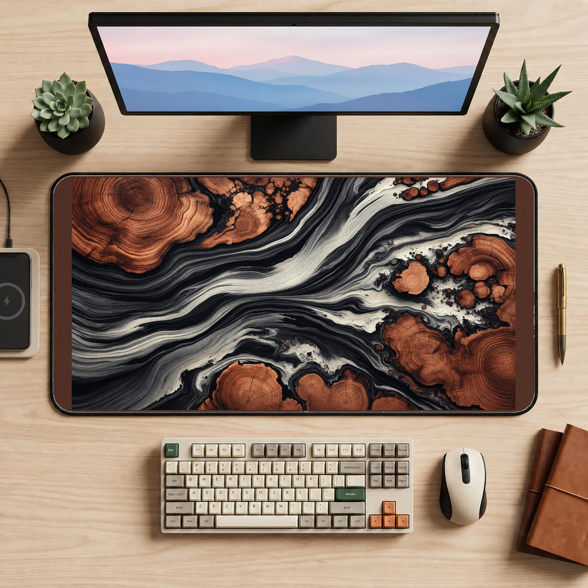Black and White Marble River desk mat — product mockup 2