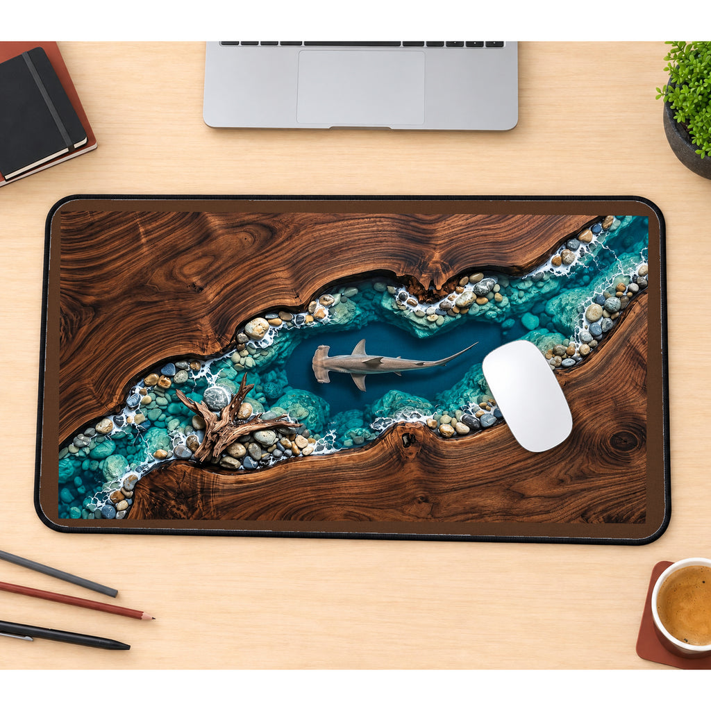 Hammerhead Shark in a Blue Channel desk mat — product mockup 1