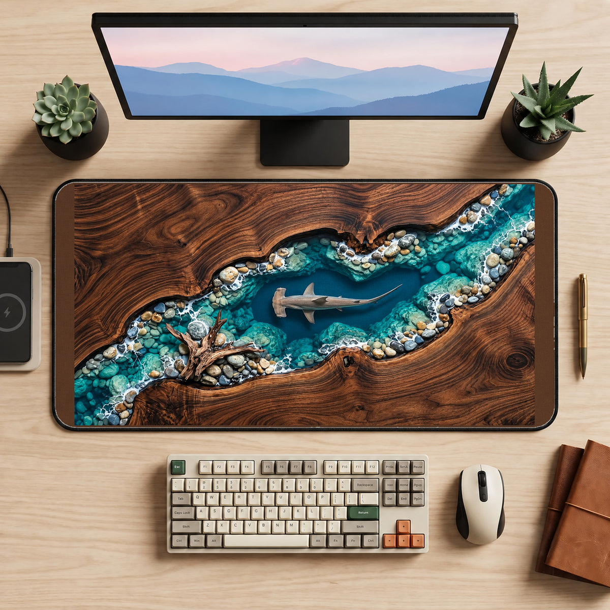 Hammerhead Shark in a Blue Channel desk mat — product mockup 2