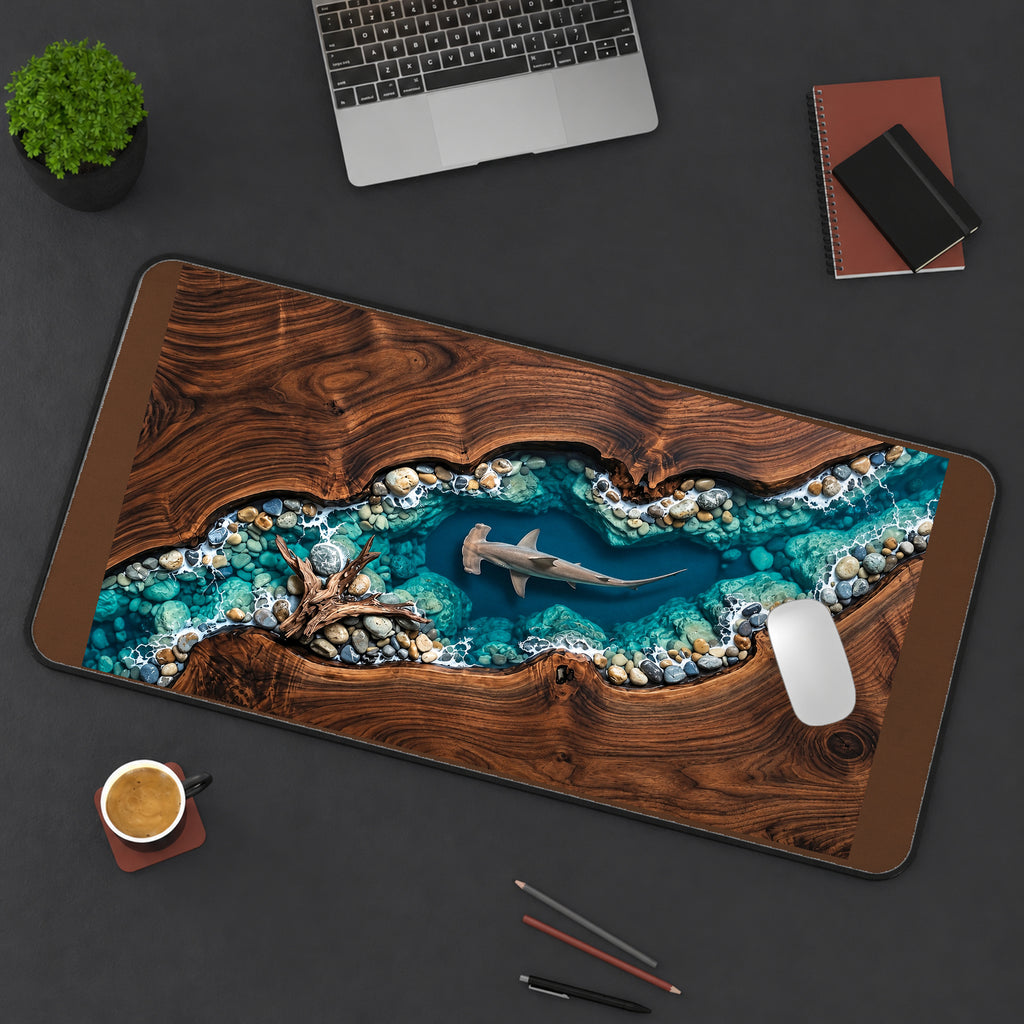 Hammerhead Shark in a Blue Channel desk mat — product mockup 3