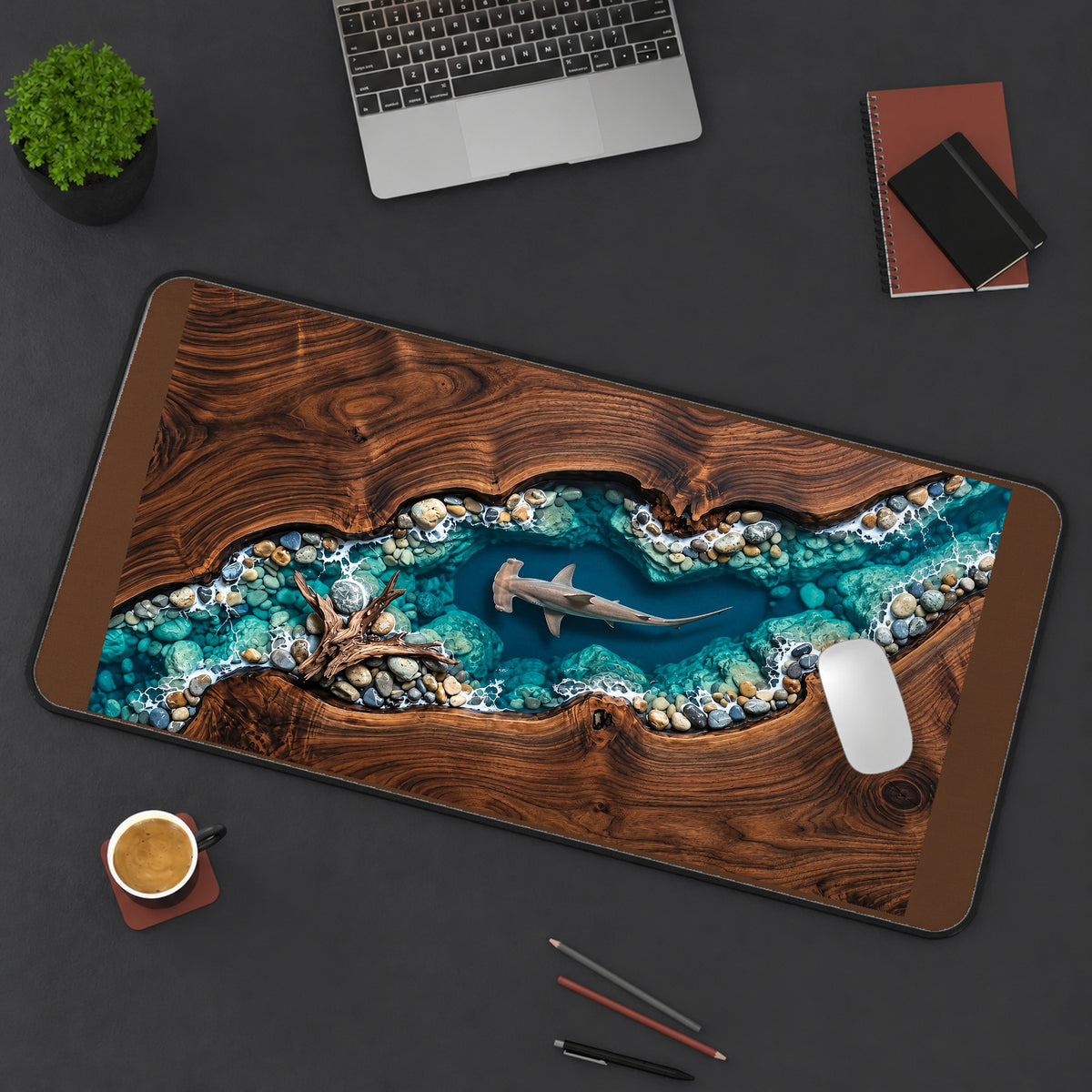 Hammerhead Shark in a Blue Channel desk mat — product mockup 3