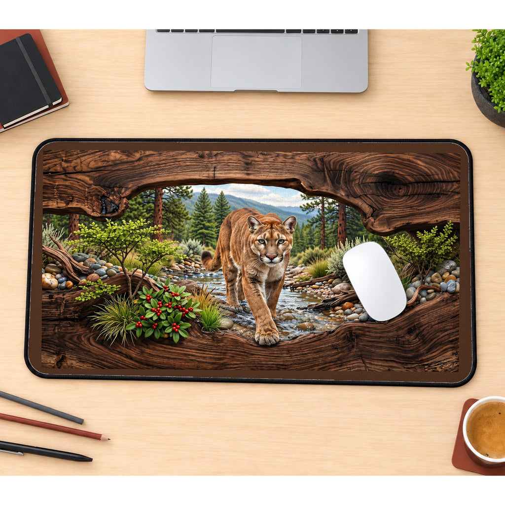 Mountain Lion through a Woodland Frame desk mat — product mockup 1