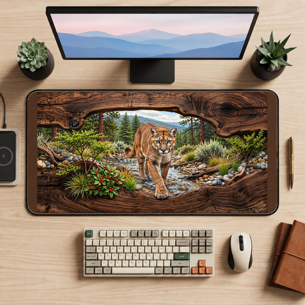 Mountain Lion through a Woodland Frame desk mat — product mockup 2