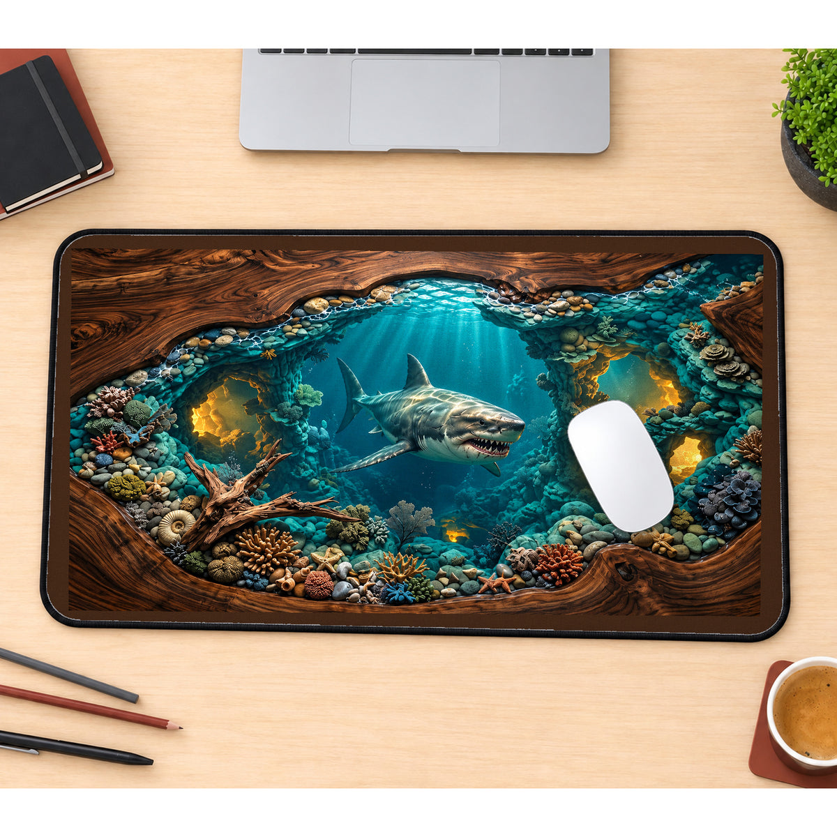 Toothed Shark in a Coral Cavern desk mat — product mockup 1