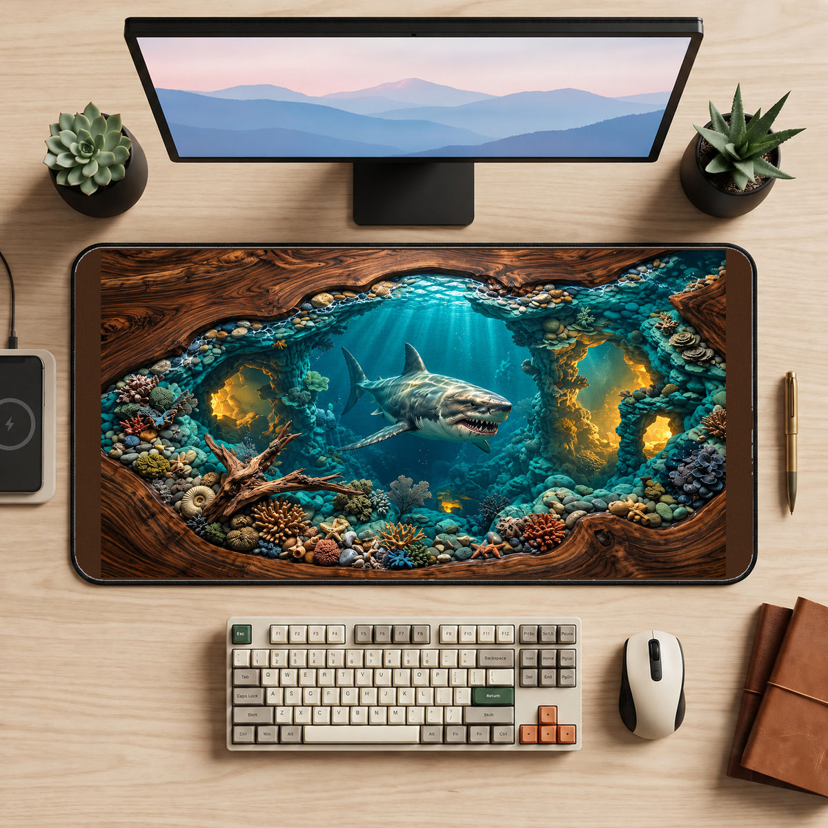 Toothed Shark in a Coral Cavern desk mat — product mockup 2