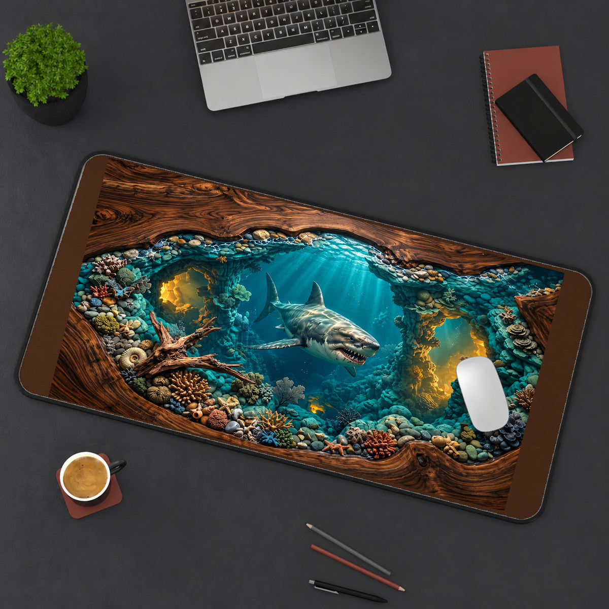 Toothed Shark in a Coral Cavern desk mat — product mockup 3