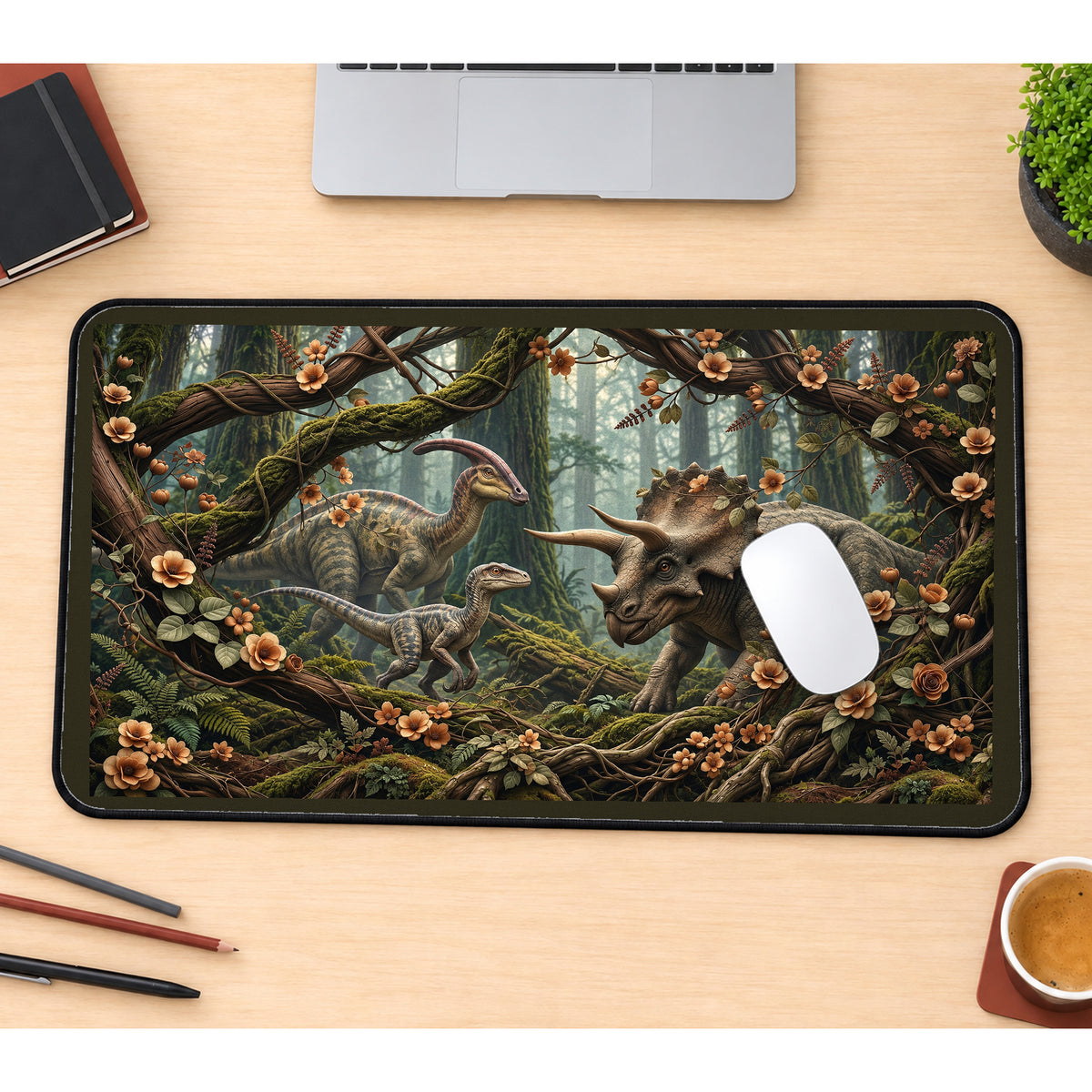 Dinosaurs in a Flowering Forest desk mat — product mockup 1