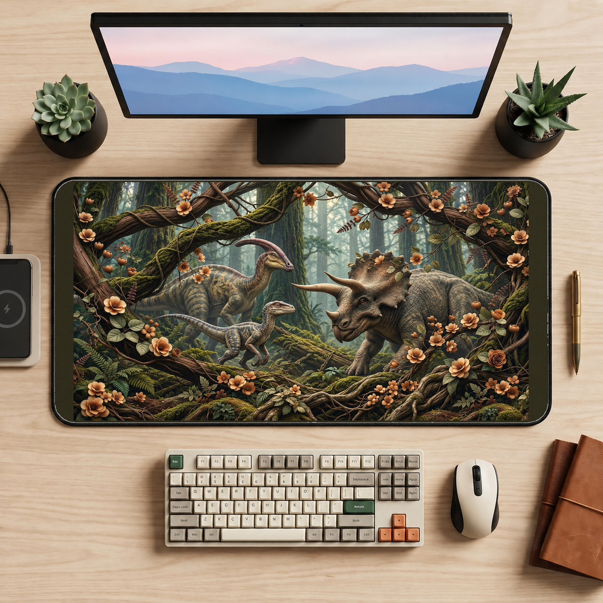 Dinosaurs in a Flowering Forest desk mat — product mockup 2
