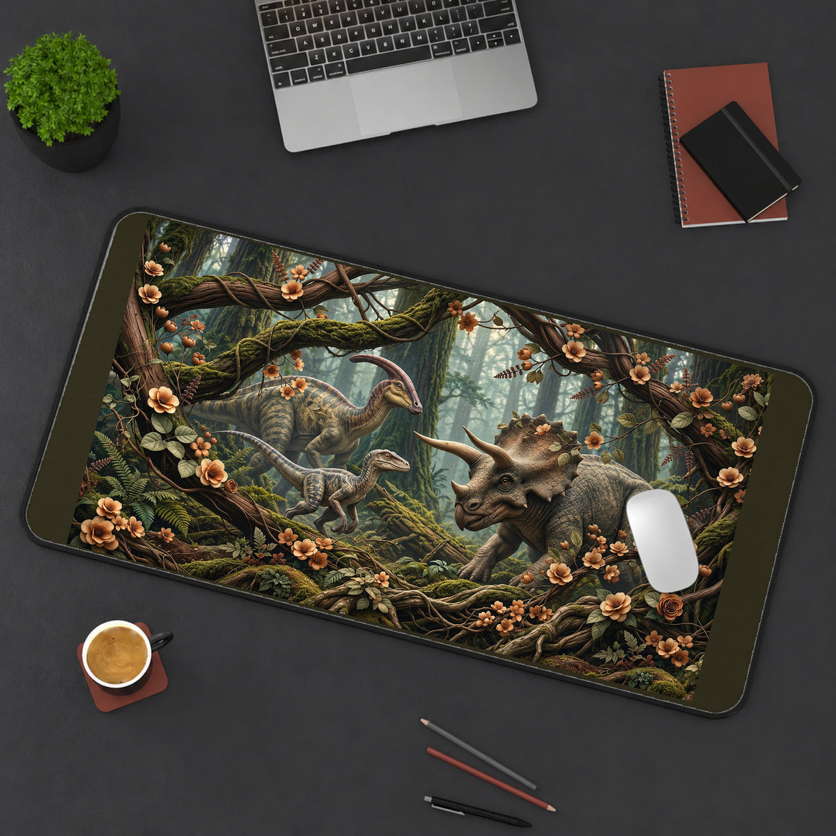 Dinosaurs in a Flowering Forest desk mat — product mockup 3