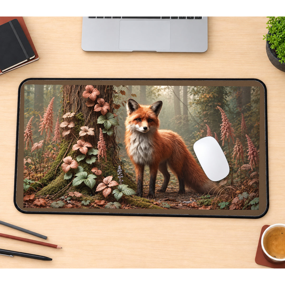 Red Fox beside Woodland Blossoms desk mat — product mockup 1