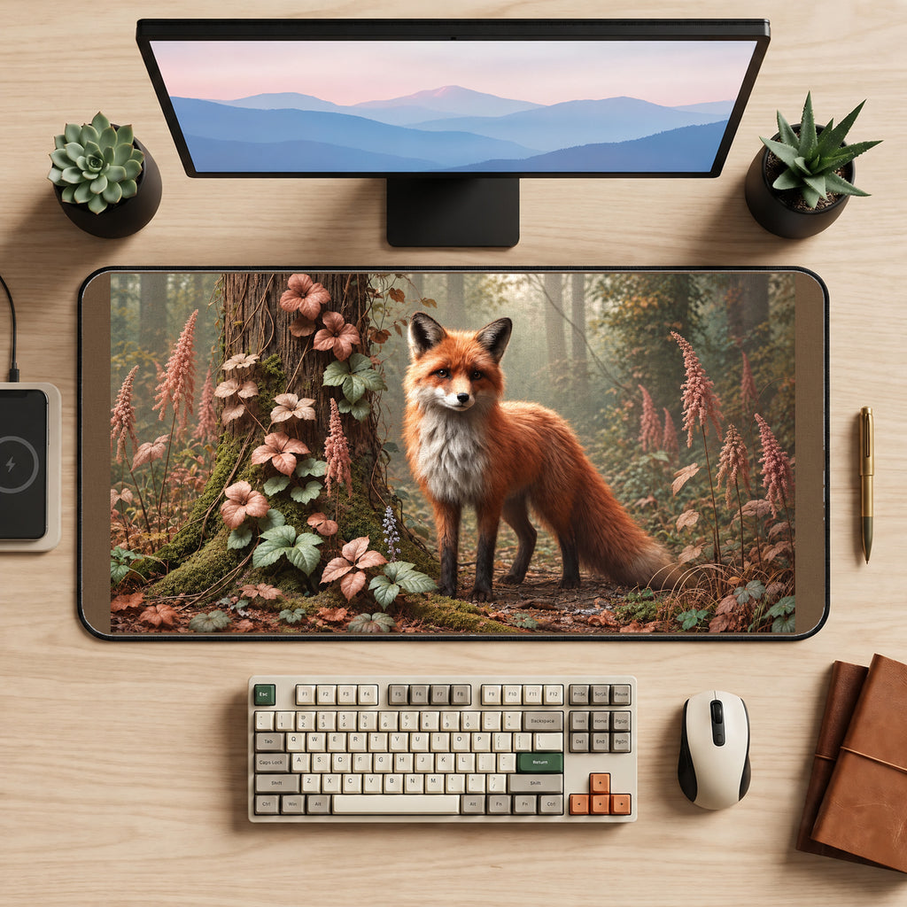 Red Fox beside Woodland Blossoms desk mat — product mockup 2