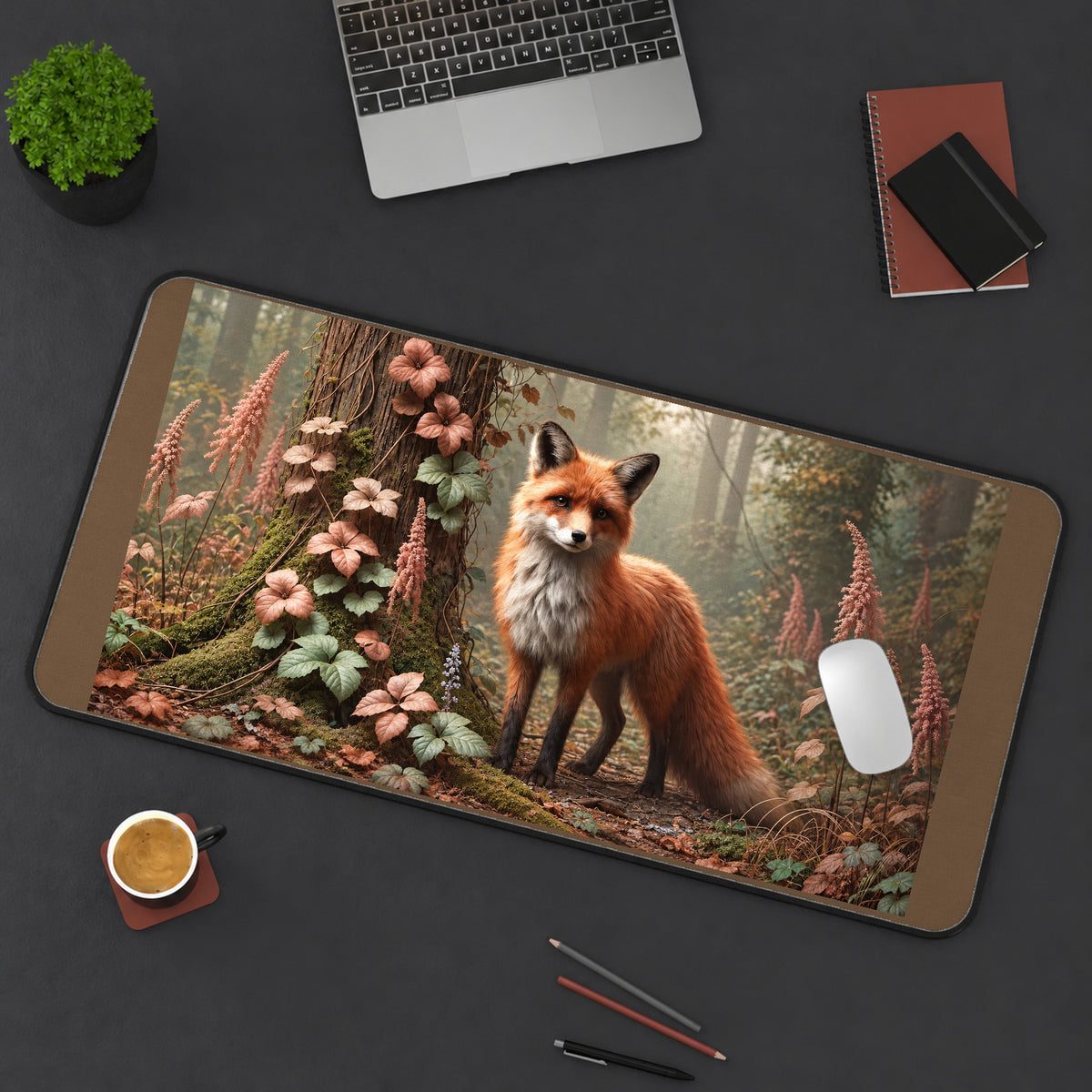 Red Fox beside Woodland Blossoms desk mat — product mockup 3