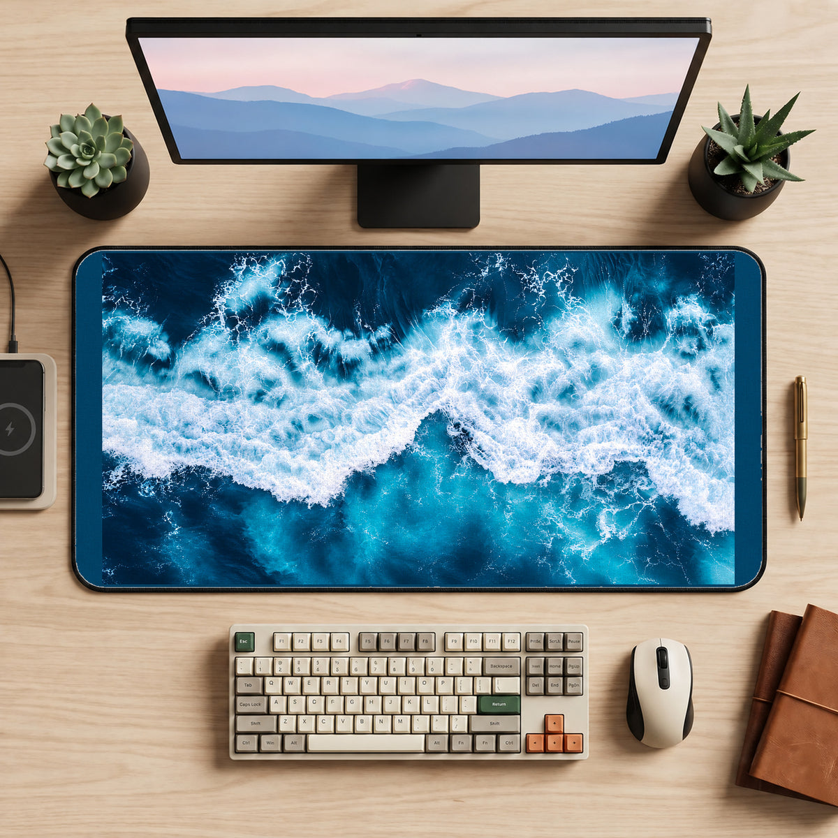 White Surf over Deep Blue Waves desk mat — product mockup 2
