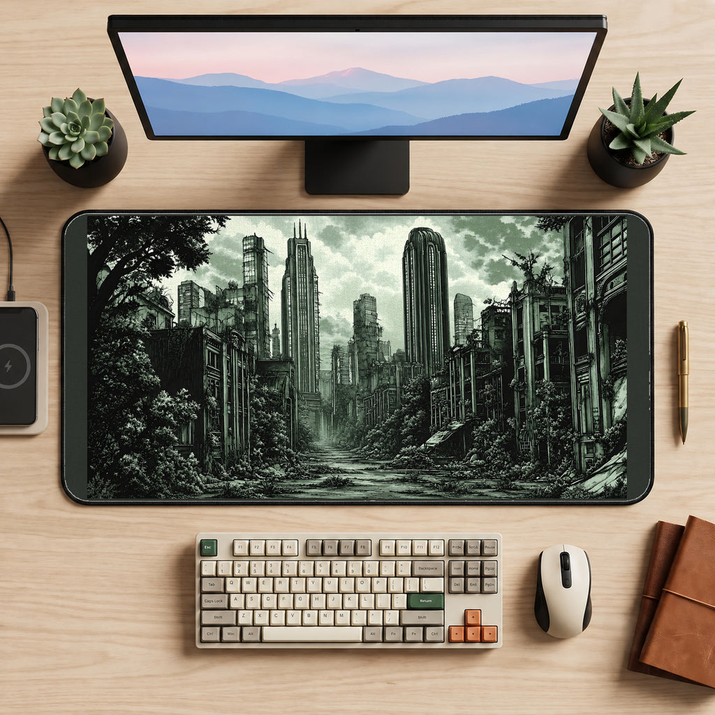 Overgrown City after the Storm desk mat — product mockup 2