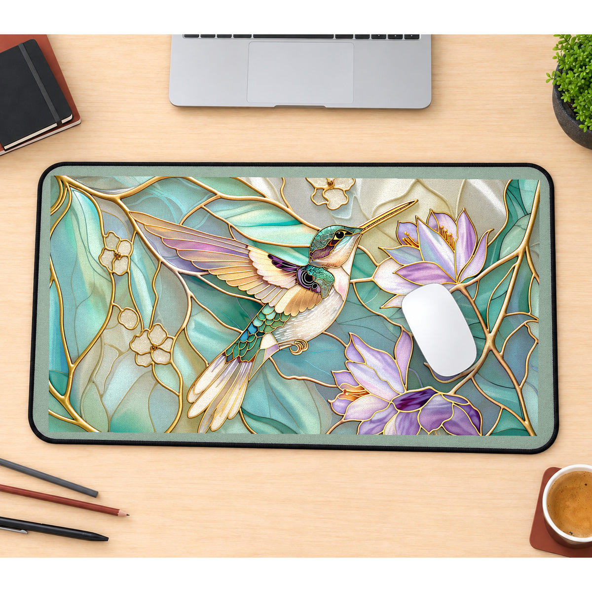Hummingbird with Lilac Flowers desk mat — product mockup 1