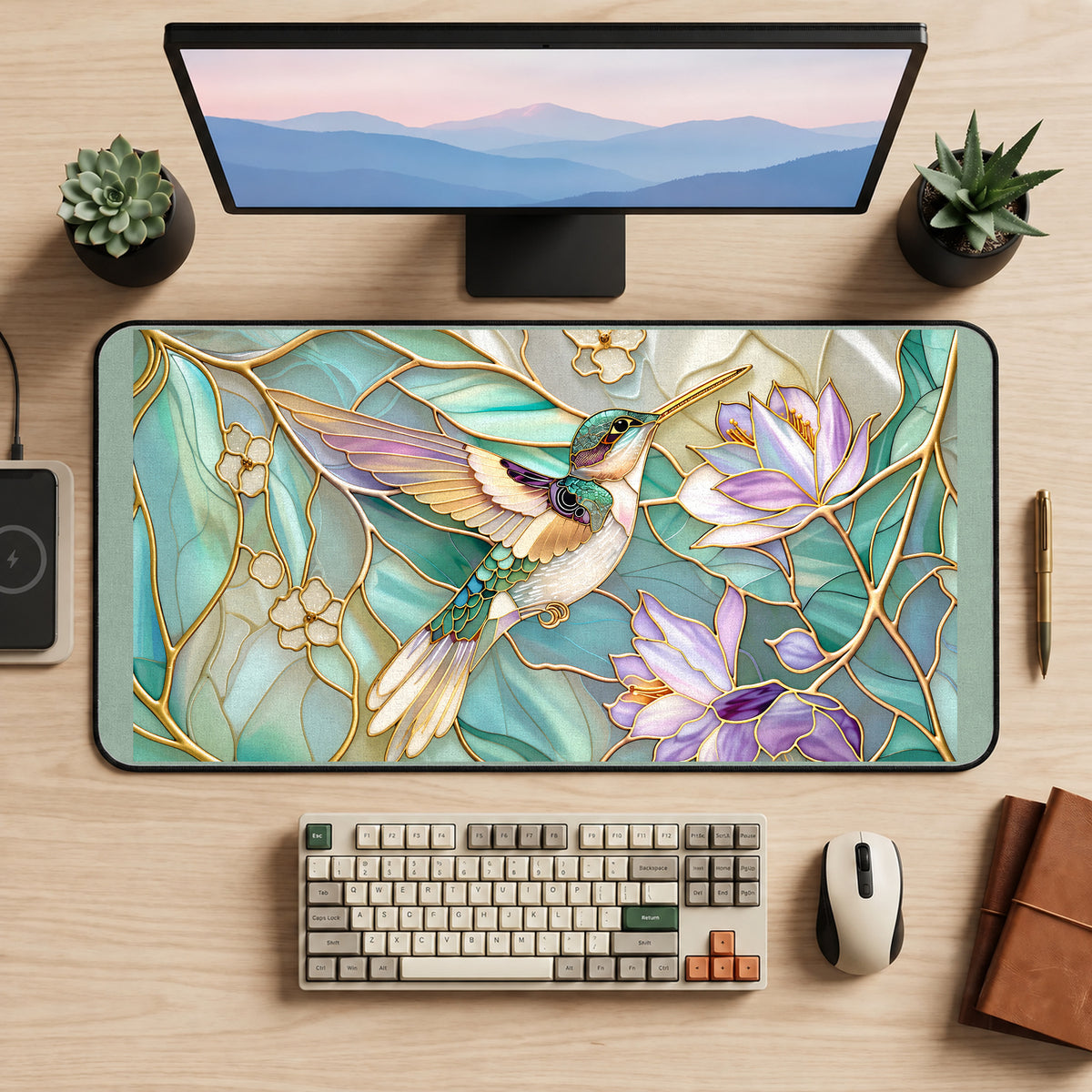 Hummingbird with Lilac Flowers desk mat — product mockup 2