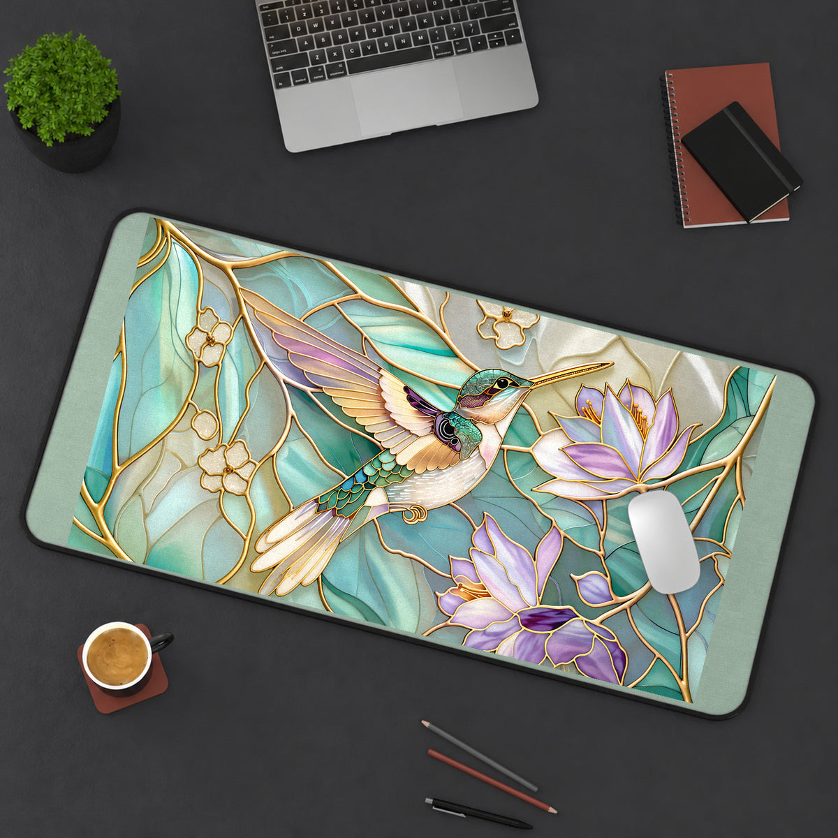 Hummingbird with Lilac Flowers desk mat — product mockup 3