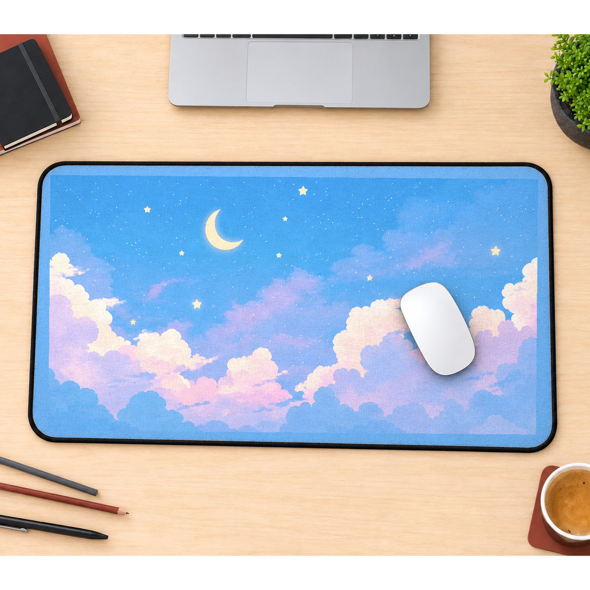 Pastel Clouds beneath a Crescent desk mat — product mockup 1