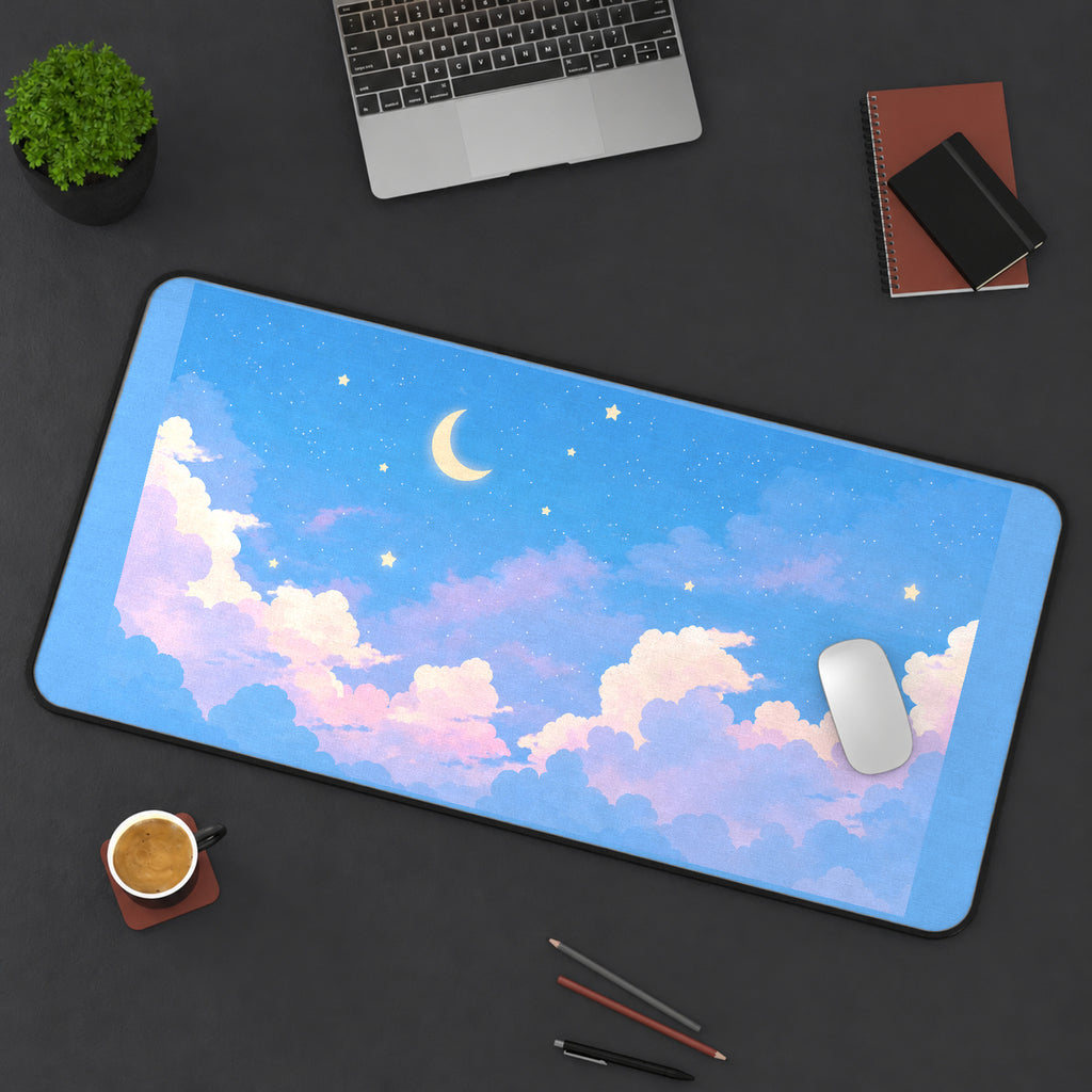 Pastel Clouds beneath a Crescent desk mat — product mockup 3