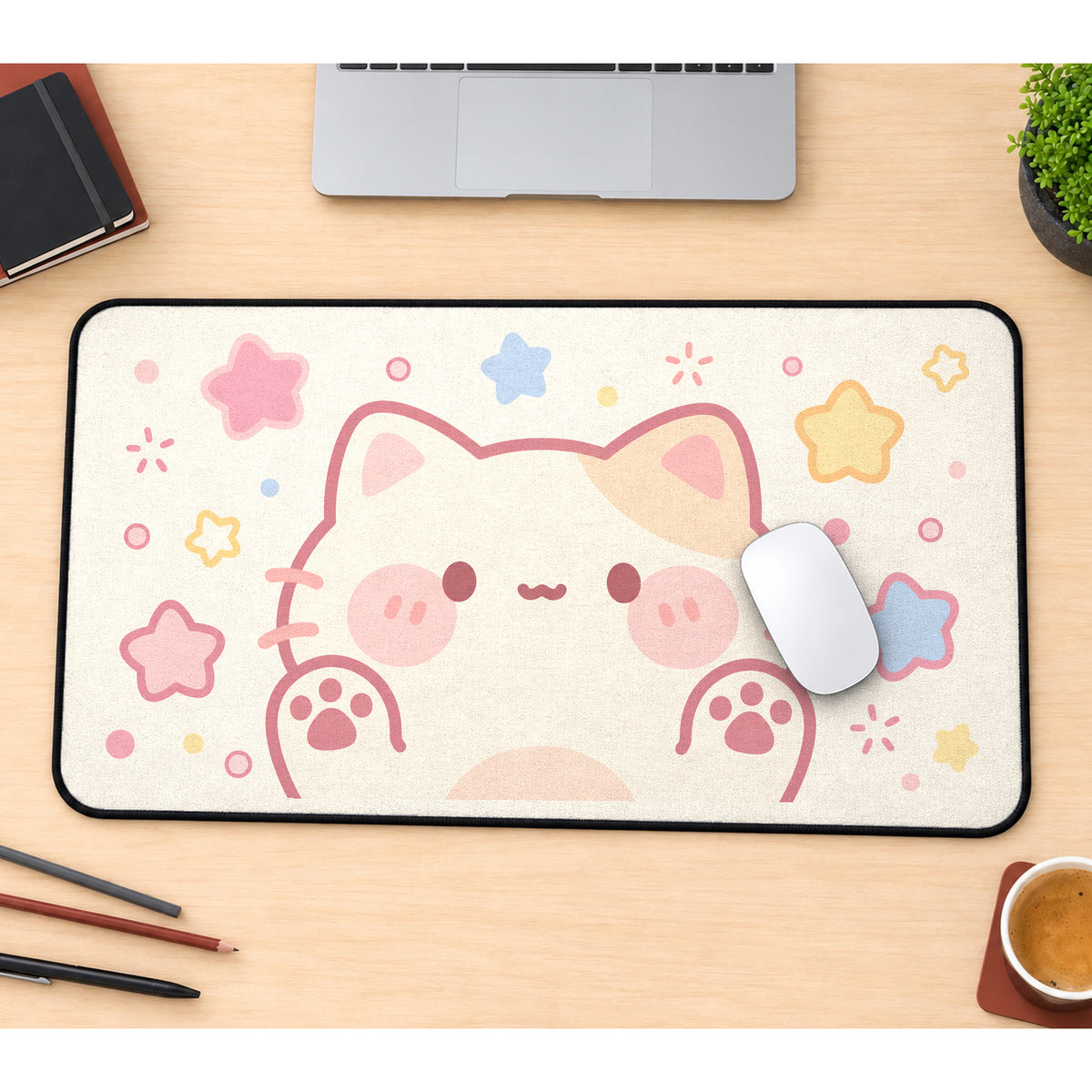 Pastel Kitten and Rounded Stars desk mat — product mockup 1