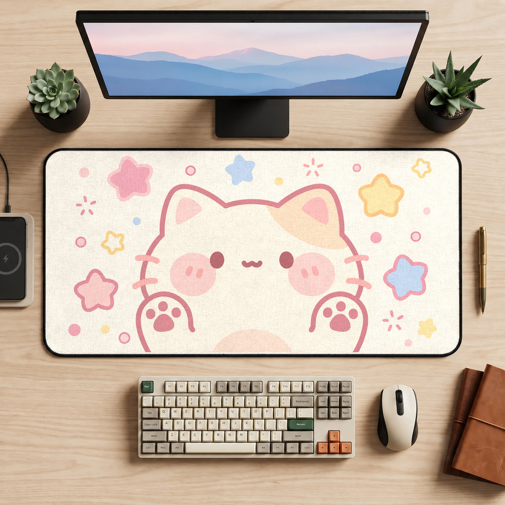 Pastel Kitten and Rounded Stars desk mat — product mockup 2