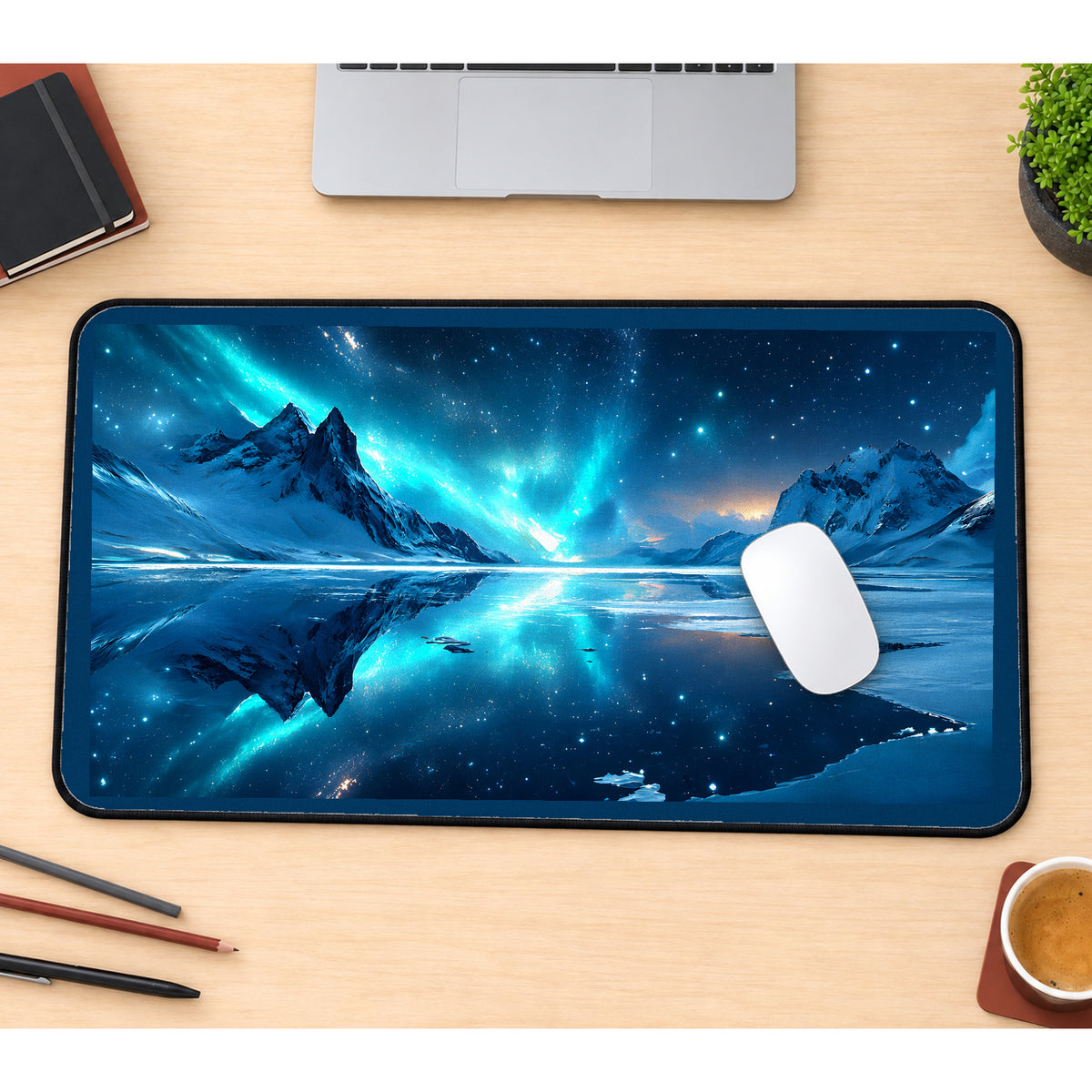 Aurora above a Frozen Mountain Lake desk mat — product mockup 1
