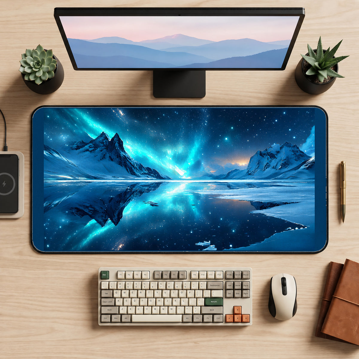 Aurora above a Frozen Mountain Lake desk mat — product mockup 2