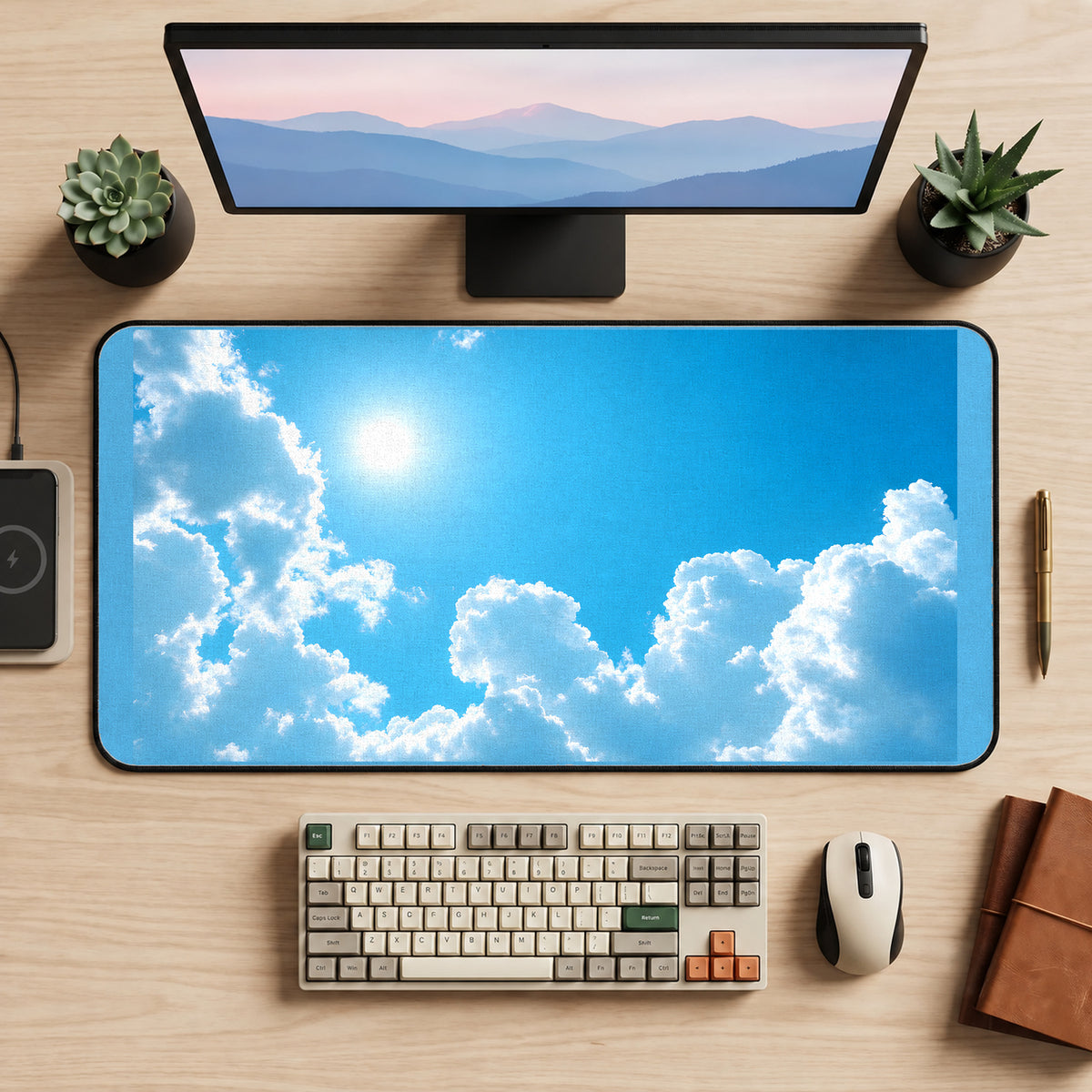 Sunshine between Fluffy White Clouds desk mat — product mockup 2