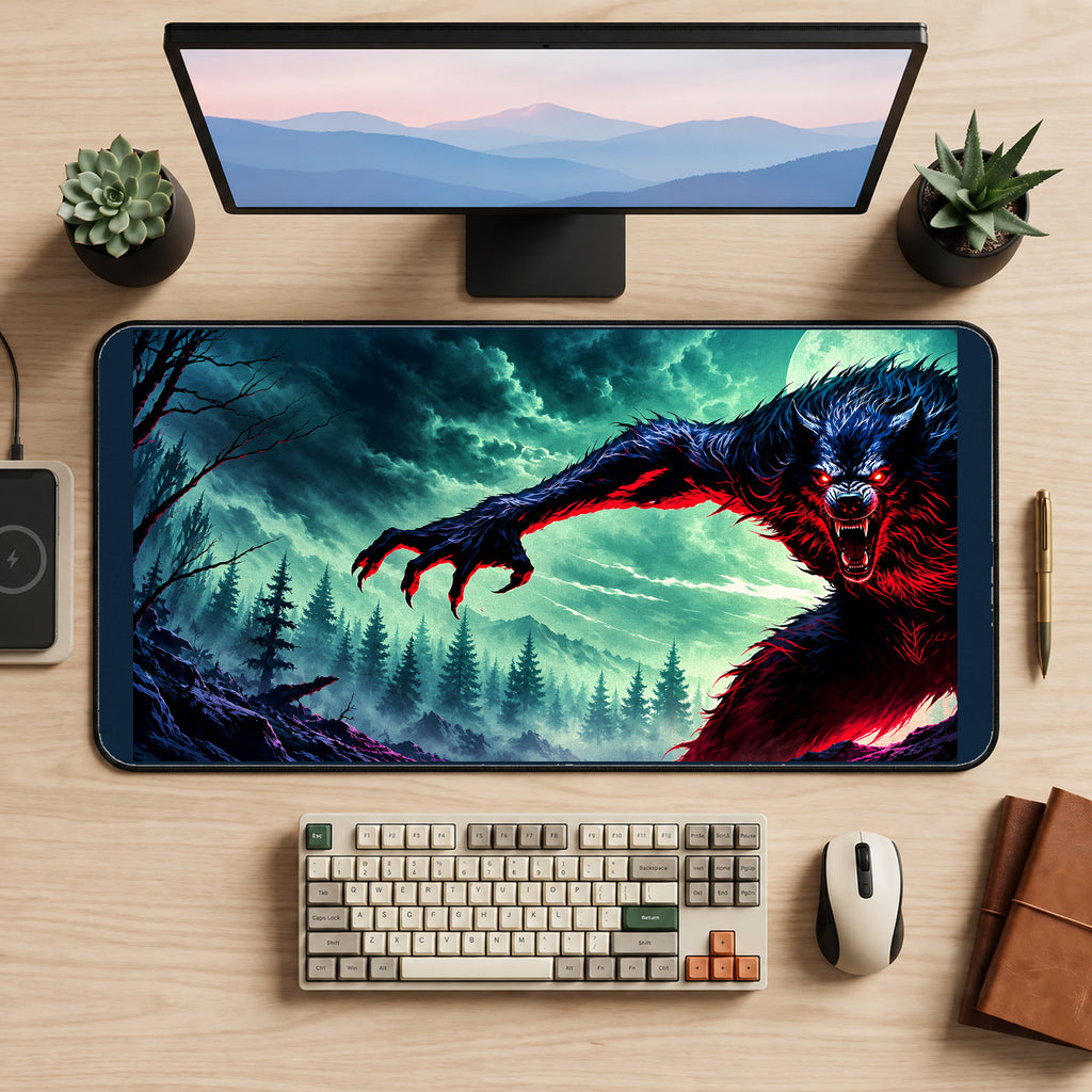 Red Eyed Werewolf under Storm Clouds desk mat — product mockup 2