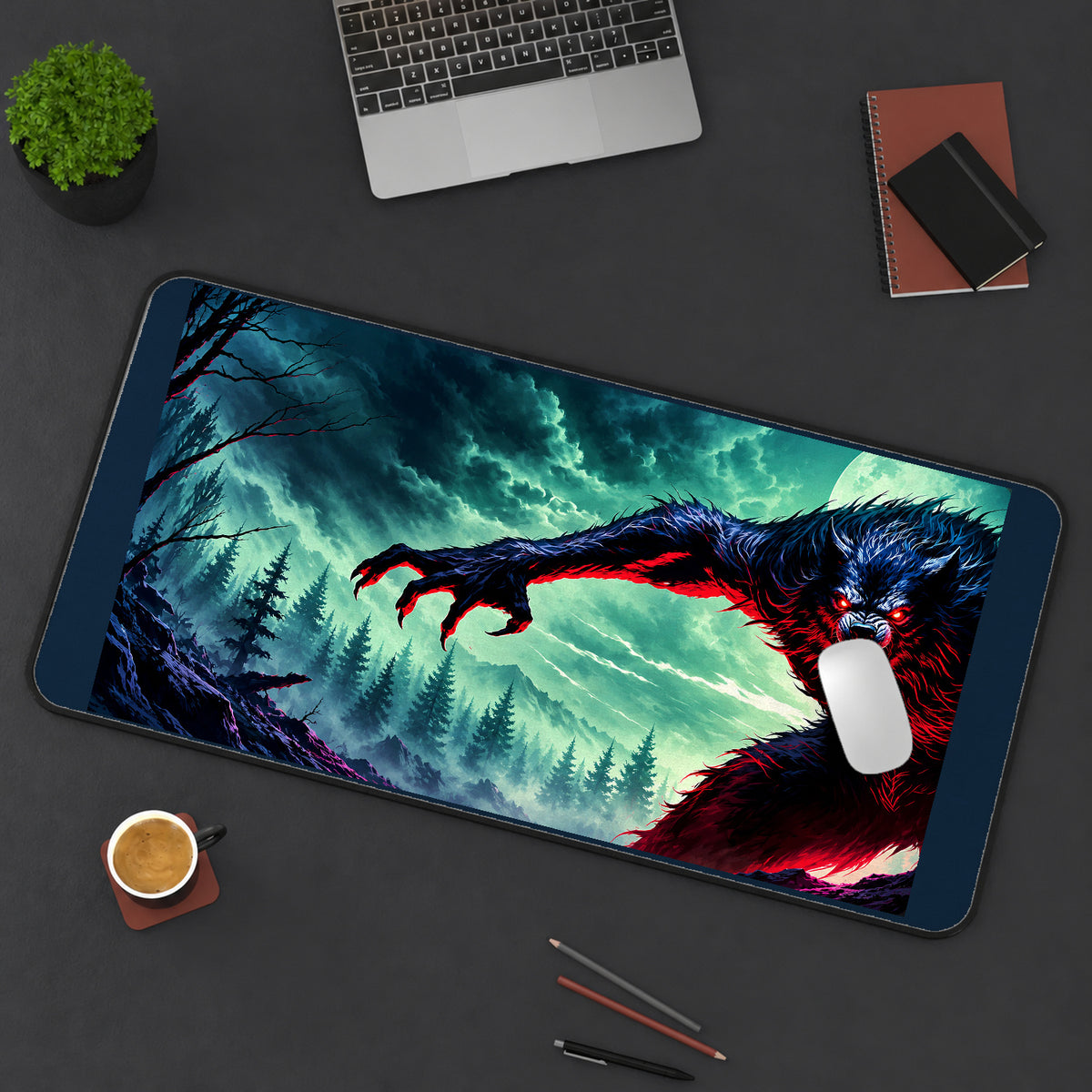Red Eyed Werewolf under Storm Clouds desk mat — product mockup 3