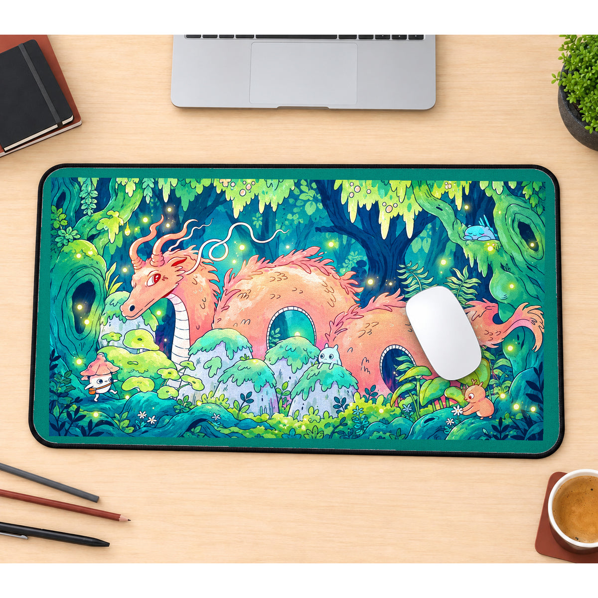 Pink Dragon in a Glowing Forest desk mat — product mockup 1