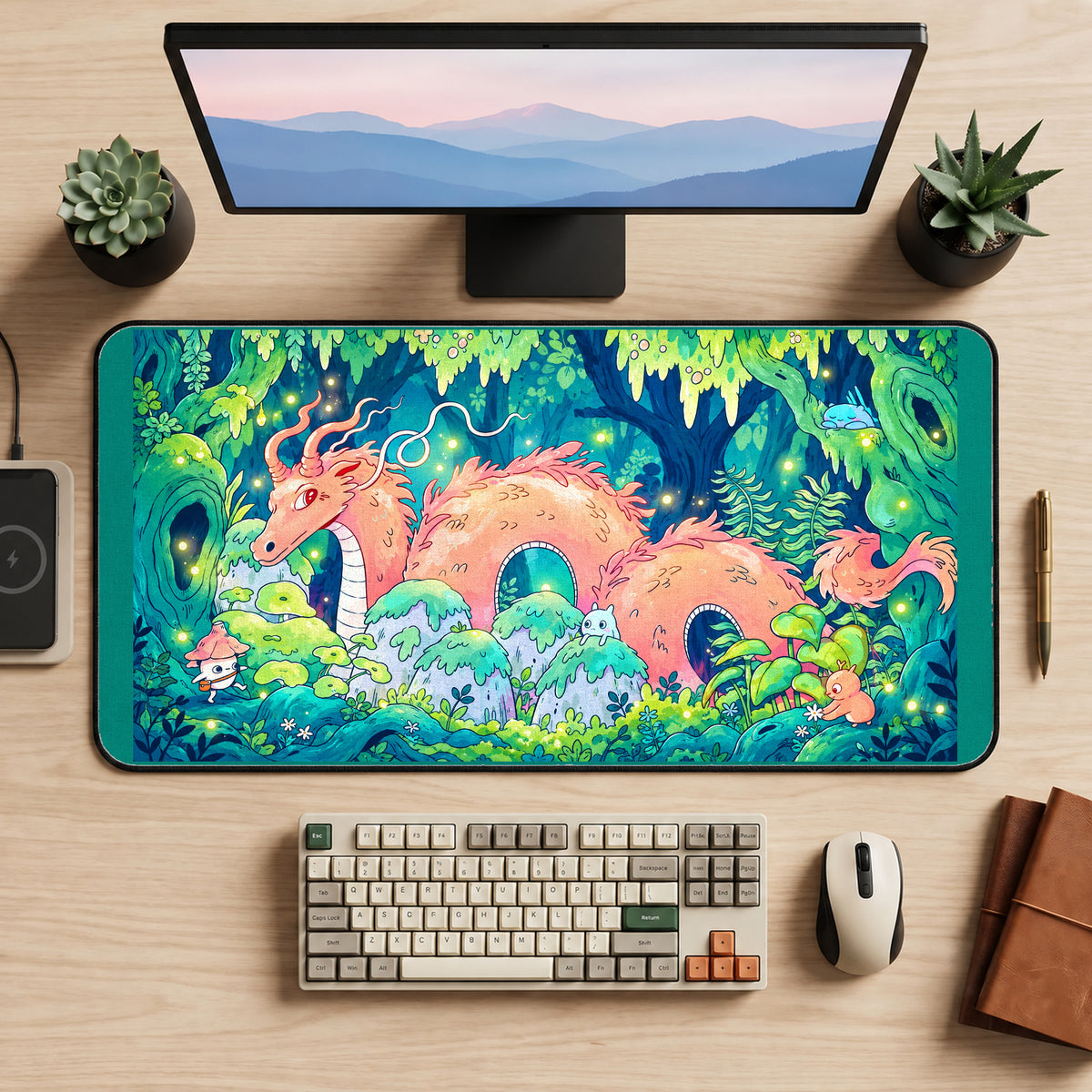 Pink Dragon in a Glowing Forest desk mat — product mockup 2