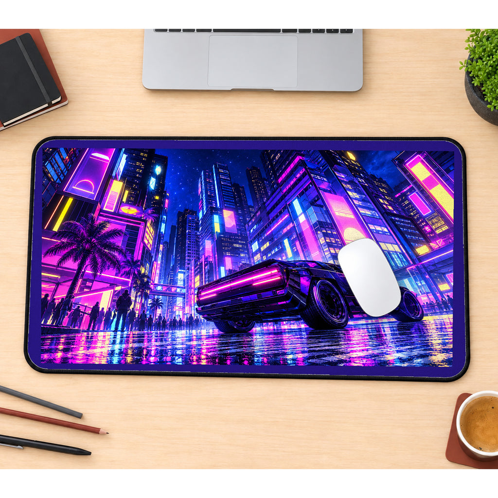 Neon Sports Car in a Cyberpunk City desk mat — product mockup 1