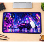 Neon Sports Car in a Cyberpunk City desk mat — product mockup 1